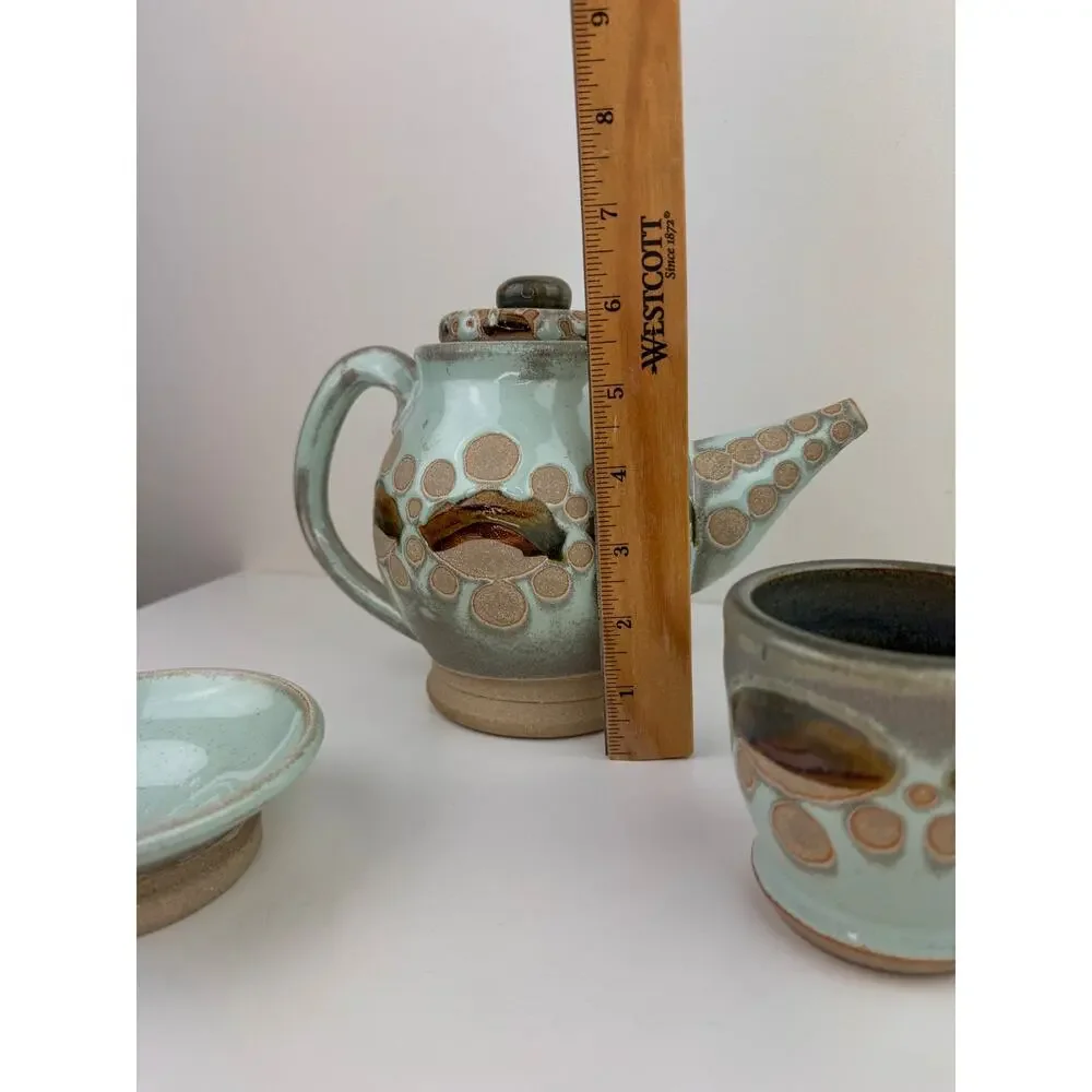 OOAK Blue Beige Ceramic Hand Thrown Pottery Tea Plate Cup Teapot Tea Set 3-Piece